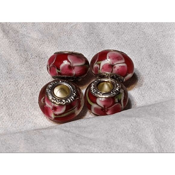 NEW SET OF 4 PANDORA MURANO BEADS TRANSLUCENT RED W/PINK & WHITE FLOWERS - BEAUT - Picture 1 of 3